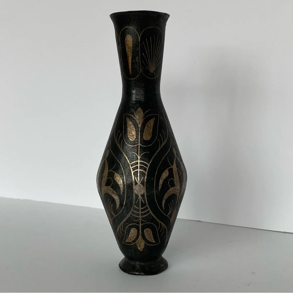 Vintage Brass Vase Etched India 7” Tall Metal Old Brown Bud Flower Engraved
